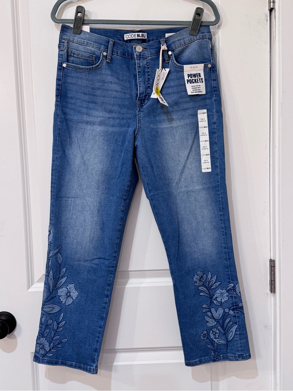 Code Bleu Blue Cropped Jeans with Floral Embroidery